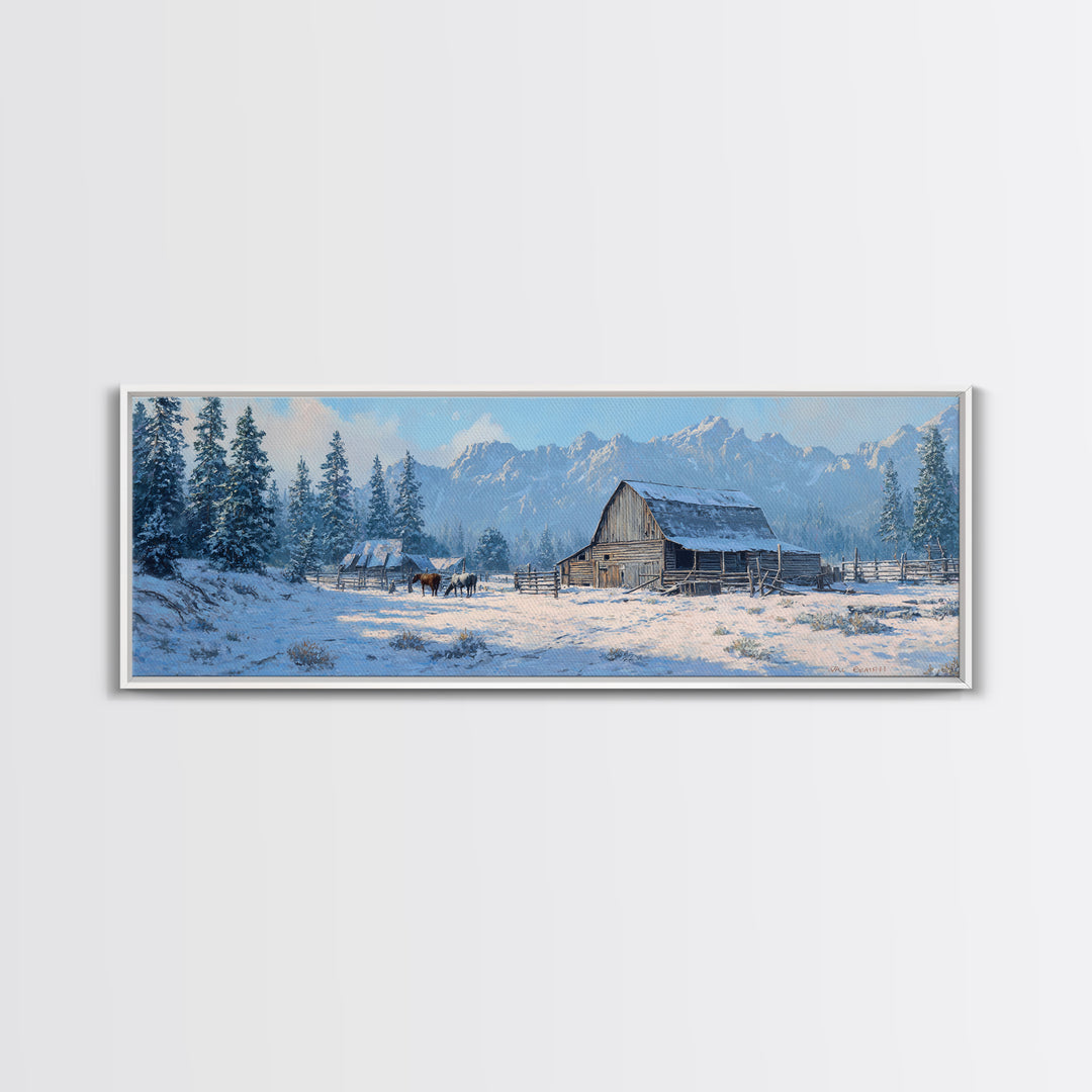 Snowy Mountain Barn Framed Canvas Print, Rustic Farmhouse Wall Art, Winter Landscape Decor, Cabin Living Room Wall Art Print