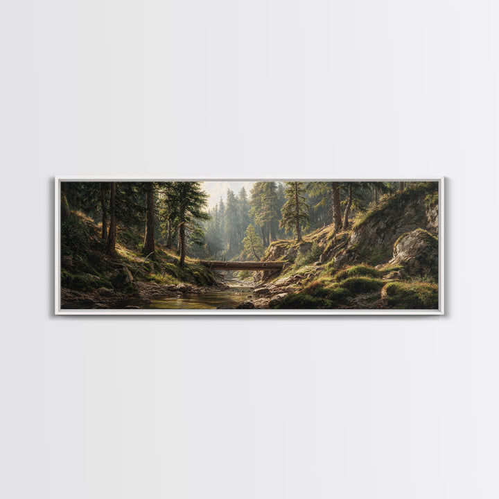 Sunlit Forest Creek Framed Canvas Print, Rustic Landscape Wall Art, Nature Cabin Decor, Large Horizontal Living Room Art