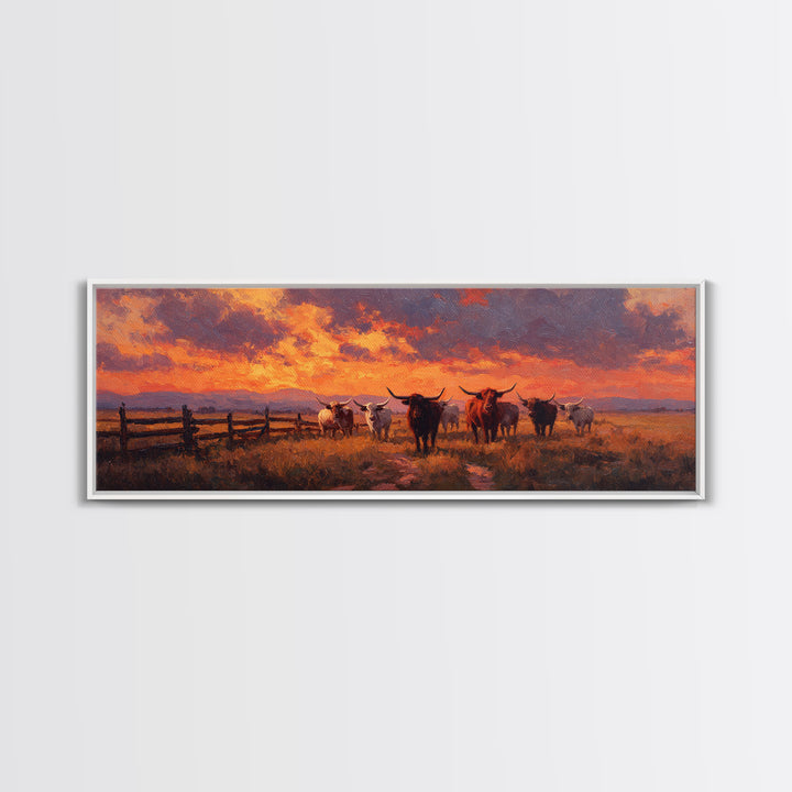 Longhorn Cattle At Fiery Sunset Wall Art, Western Ranch Landscape Canvas Print, Rustic Farmhouse Decor, Cowboy Gift For Him