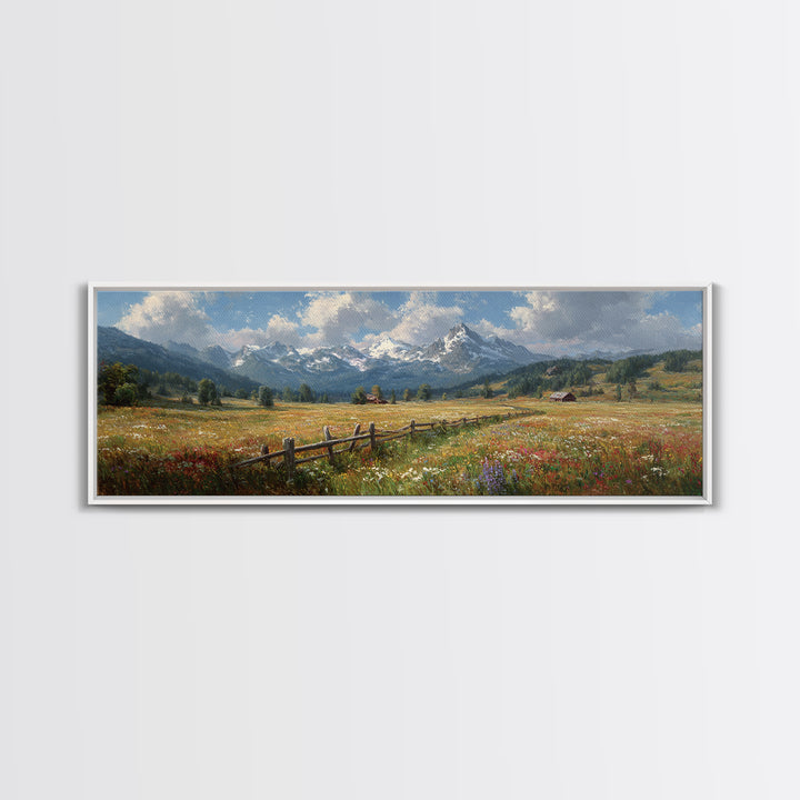 Wildflower Meadow Mountain Wall Art, Alpine Landscape Canvas Print, Rustic Farmhouse Decor, Large Living Room Art Housewarming Gift
