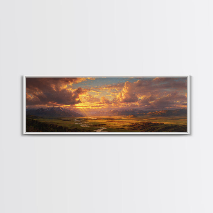 Golden Mountain Valley Sunset Wall Art, Panoramic Landscape Painting, Rustic Nature Decor For Living Room And Office Wall Decor