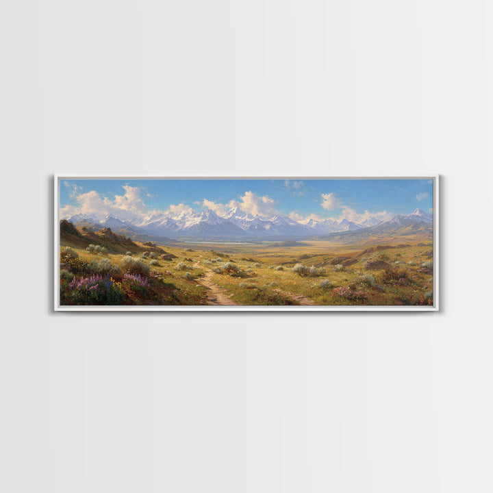 Wildflower Meadow Mountain Landscape Wall Art, Panoramic Canvas Print, Rustic Nature Decor, Large Living Room Wall Decor