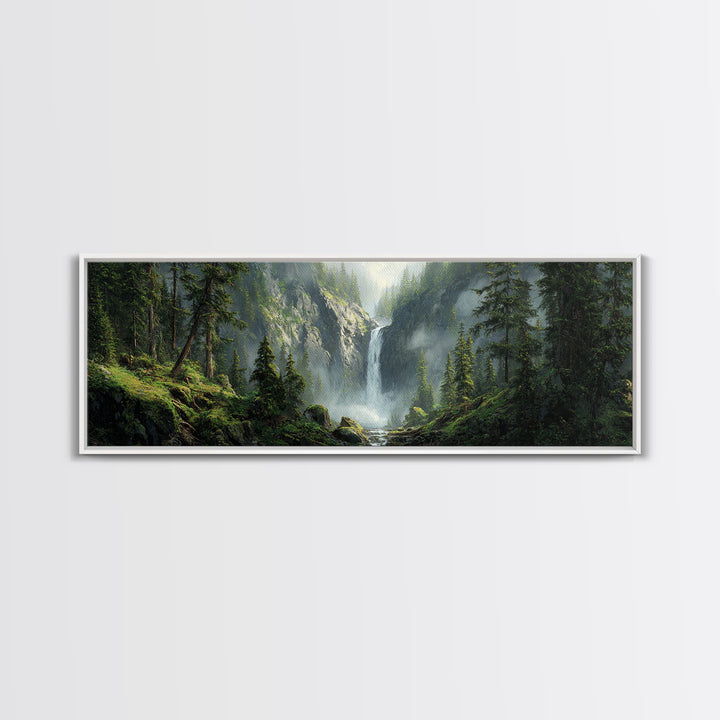 Misty Waterfall Forest Framed Canvas Print, Mountain Landscape Wall Art, Nature Wall Decor, Cabin Decor, Large Horizontal Art
