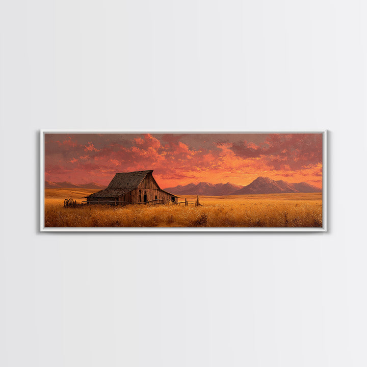 Rustic Barn At Sunset Framed Canvas Print, Western Landscape Living Room Wall Art, Farmhouse Decor, Country Home Housewarming Gift