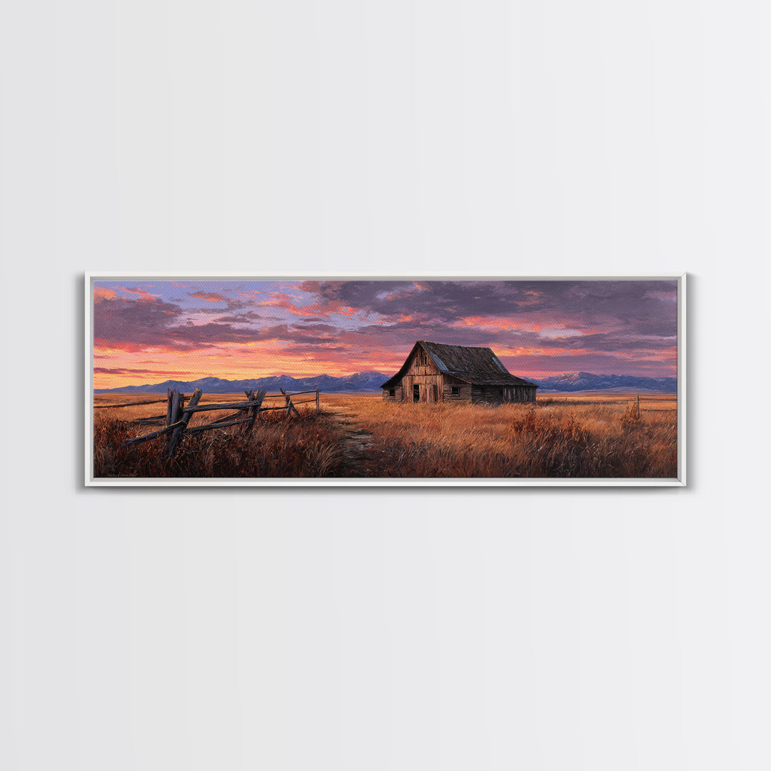 Rustic Barn Sunset Framed Canvas Print, Western Landscape Wall Art, Farmhouse Decor, Mountain Ranch Housewarming Gift For Him