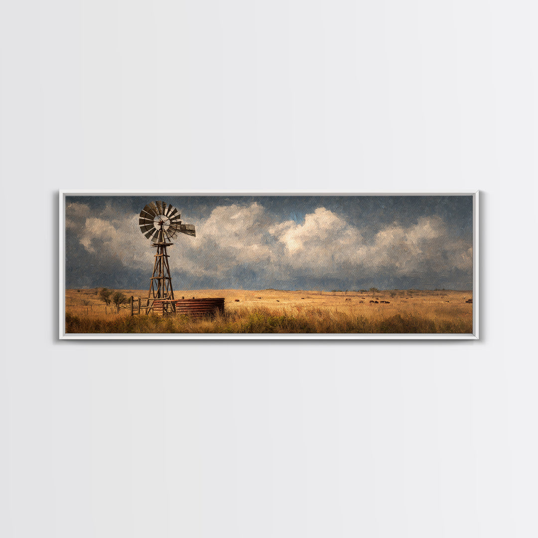 Stormy Prairie Windmill Wall Art, Rustic Western Canvas Print, Farmhouse Landscape Decor, Large Country Art For Living Room