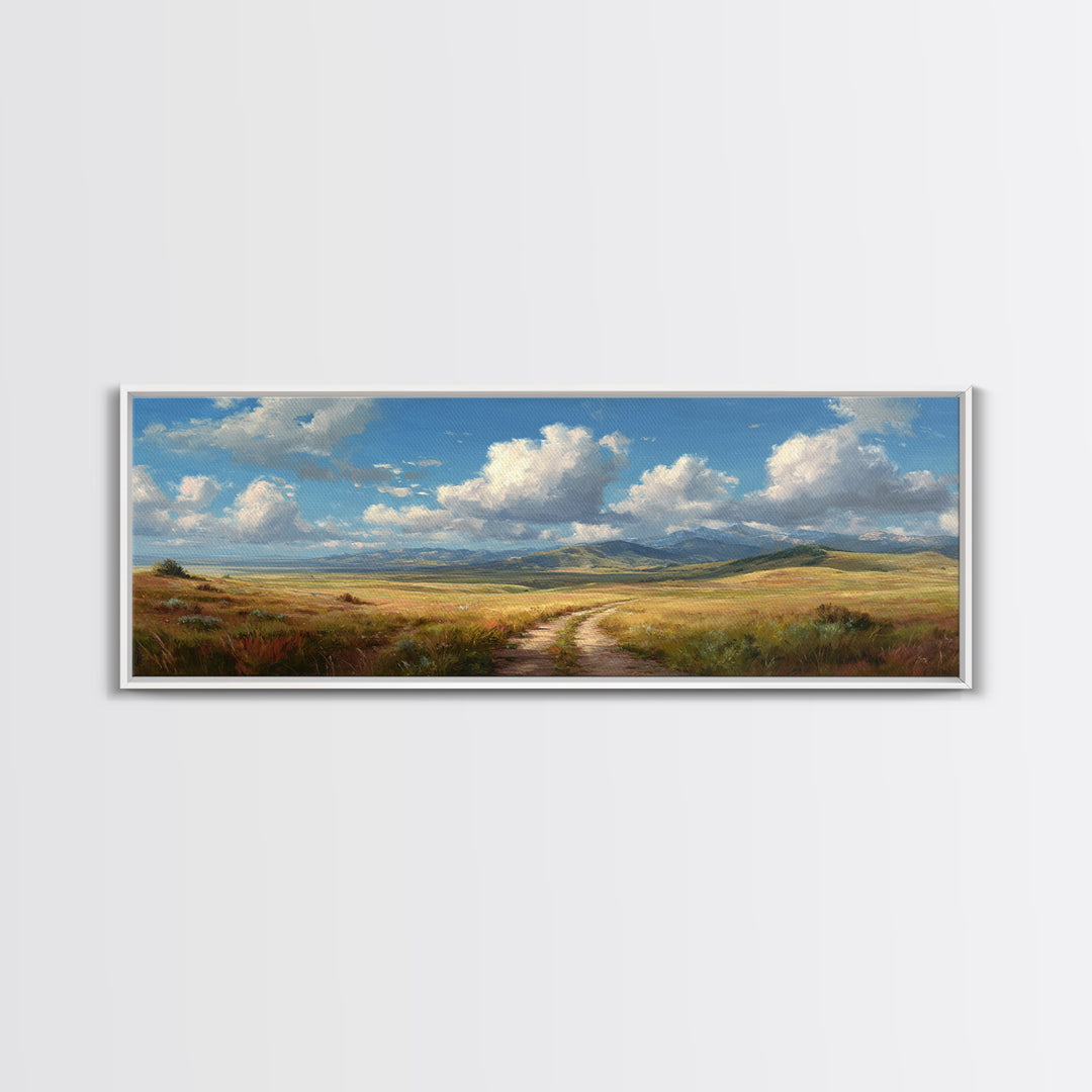 Open Prairie Path And Clouds Framed Canvas Print, Country Landscape Wall Art, Rustic Farmhouse Decor, Nature Oil Painting Print