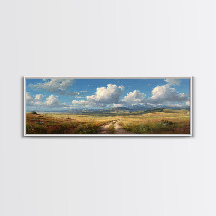 Open Prairie Path And Clouds Framed Canvas Print, Country Landscape Wall Art, Rustic Farmhouse Decor, Nature Oil Painting Print