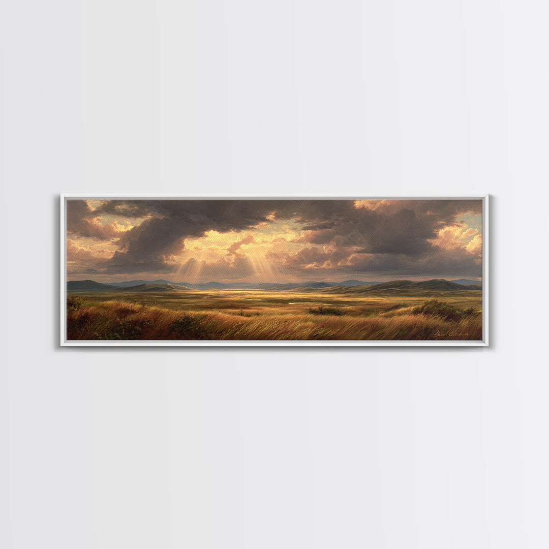 Golden Sun Rays Over Prairie Wall Art, Dramatic Sky Landscape Canvas Print, Nature Wall Decor, Rustic Living Room Art Gift