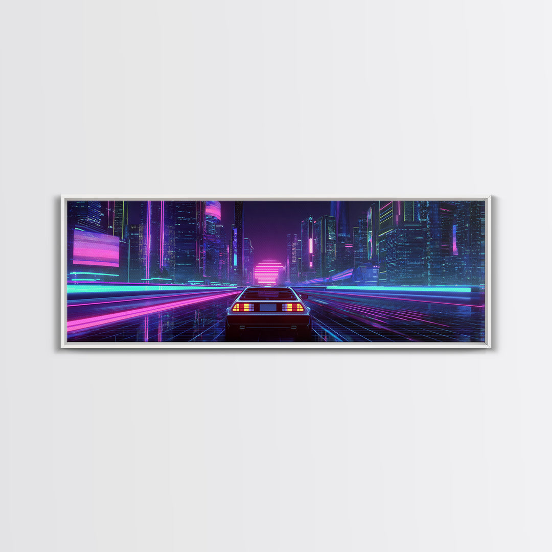 Neon Car Racing Through Cyberpunk City Canvas Print, Futuristic Wall Art, Synthwave Decor, Sci Fi Gaming Room Poster Art