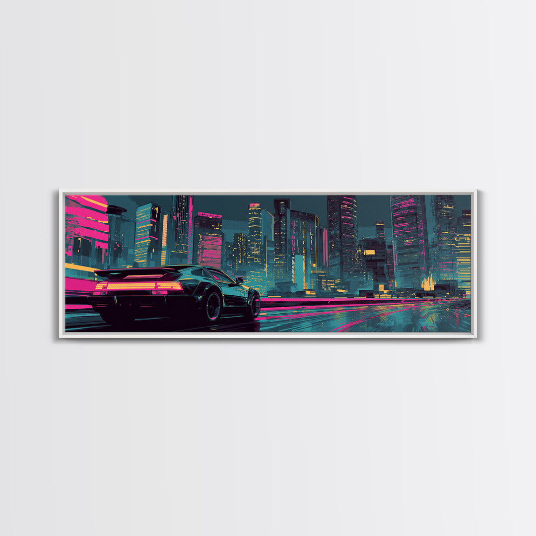 Cyberpunk Sports Car Canvas Print, Neon City Wall Art, Futuristic Gaming Room Decor, Large Synthwave Modern Wall Art Print