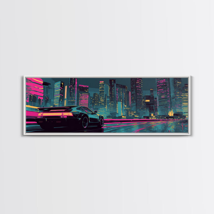 Cyberpunk Sports Car Canvas Print, Neon City Wall Art, Futuristic Gaming Room Decor, Large Synthwave Modern Wall Art Print