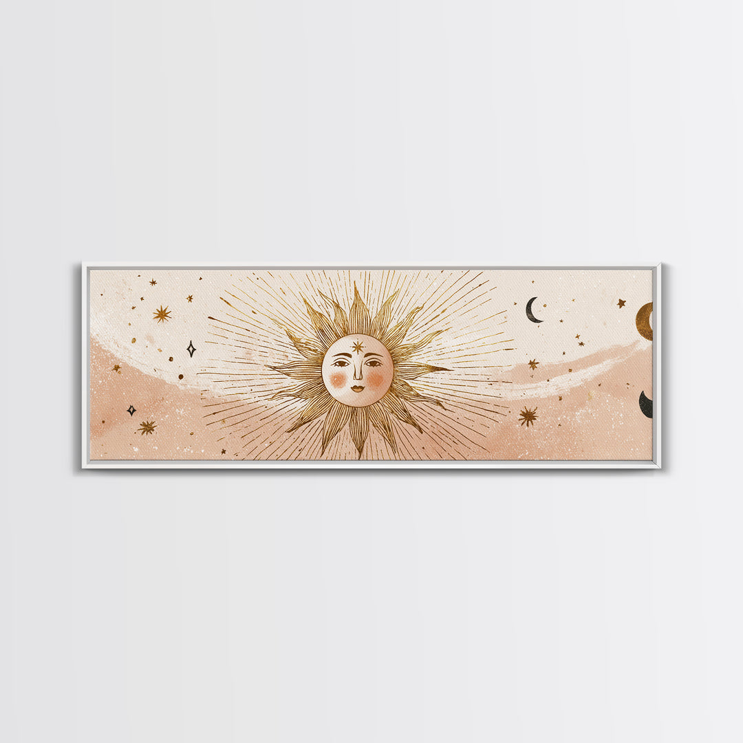 Boho Sun And Moon Wall Art, Celestial Canvas Print, Mystical Astrology Decor, Neutral Nursery And Bedroom Wall Decor, Above Bed Art