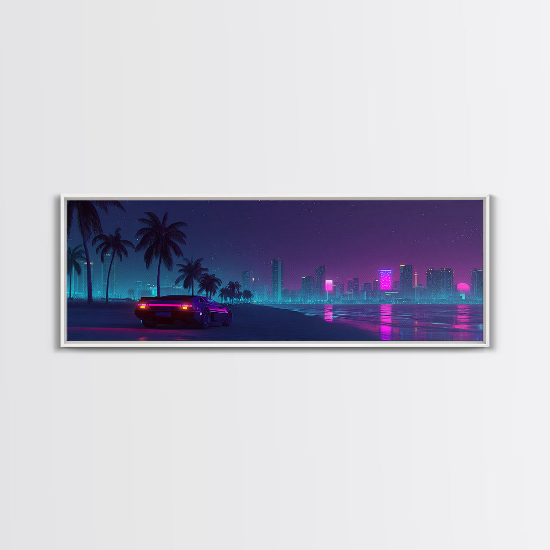 Neon Cyberpunk City Beach Wall Art, Retro Futuristic Canvas Print, Vaporwave Decor For Gaming Room And Modern Office Decor