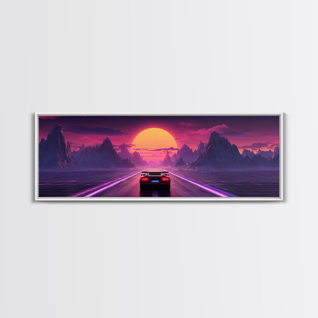 Retro Futuristic Car Road Canvas Print, Cyberpunk Mountain Wall Art, Neon Synthwave Gaming Room Decor, Sci Fi Poster, Gift For Him