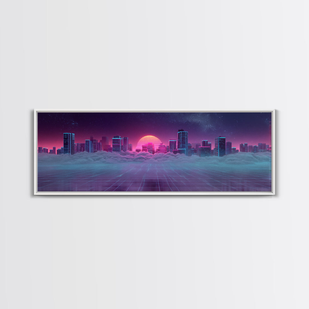 Vaporwave Skyline Over Clouds Canvas Print, Retro Futuristic City Wall Art, Neon Synthwave Decor, Gaming Room Poster, Gift