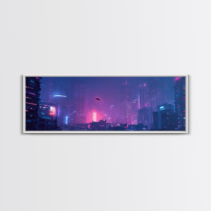 Cyberpunk Neon City Skyline Wall Art, Futuristic Framed Canvas Print, Sci Fi Urban Decor, Gaming Room Wall Decor, Large Print