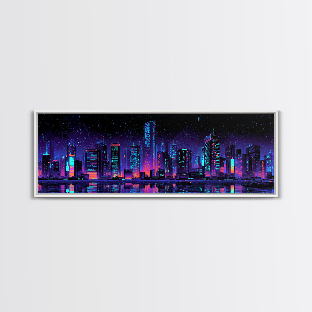 Neon Cyberpunk City Skyline Wall Art, Futuristic Urban Canvas Print, Vaporwave Gaming Room Decor, Sci Fi Office Poster Art