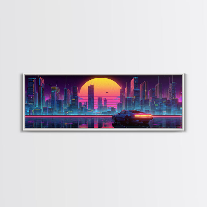 Neon Cyberpunk City Car Canvas Print, Futuristic Wall Art, Sci Fi Poster, Gaming Room Decor, Vaporwave Modern Home Decor