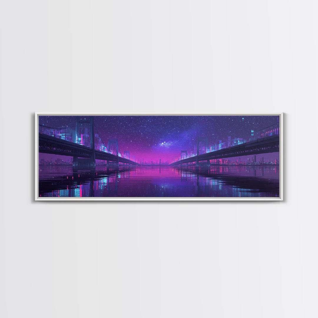 Neon Twin Bridges Over City Water, Cyberpunk Wall Art, Futuristic Canvas Print, Sci Fi Urban Decor, Gaming Room Art, Office Decor