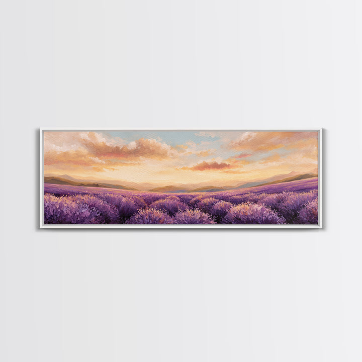 Sunset Lavender Field Landscape Wall Art, Panoramic Canvas Print, French Country Decor, Large Above Sofa Wall Decor, Provence Print
