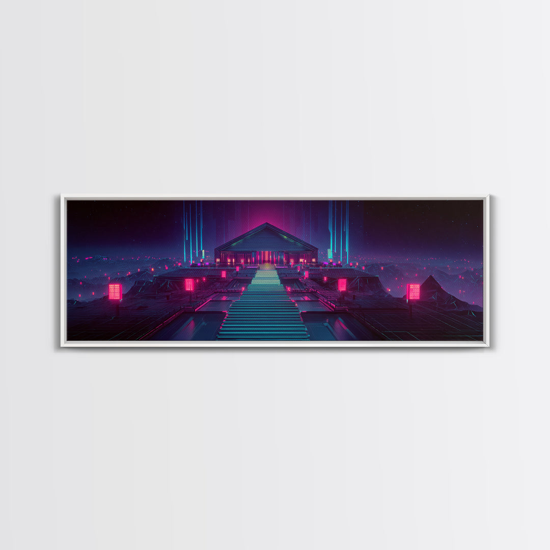 Neon Cyberpunk Temple Stairway Canvas Print, Futuristic Wall Art, Sci Fi Gaming Room Decor, Modern Statement Artwork For Office