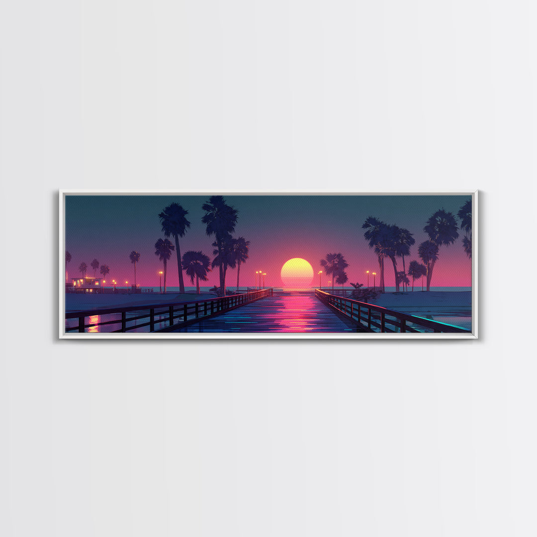 Sunset Pier With Palm Trees Canvas Print, Tropical Beach Wall Art, Coastal Vaporwave Decor For Bedroom And Living Room Wall Decor
