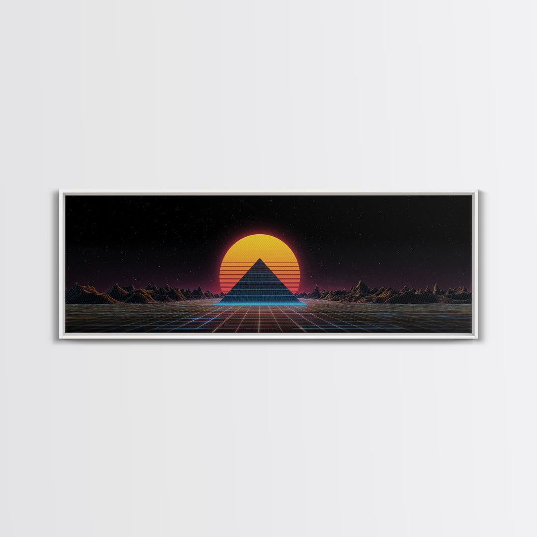 Retro Pyramid Sunset Canvas Print, Synthwave Desert Wall Art, Futuristic Vaporwave Decor, Gaming Room Statement Artwork Poster