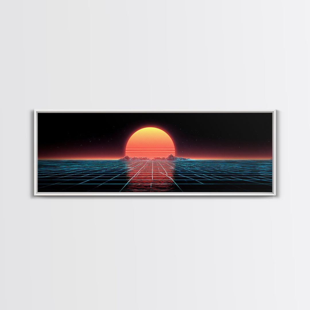 Retro Futuristic Ocean Grid Sunset Wall Art, Synthwave Neon Landscape, Vaporwave Decor, Large Horizontal Art Print, Home Decor