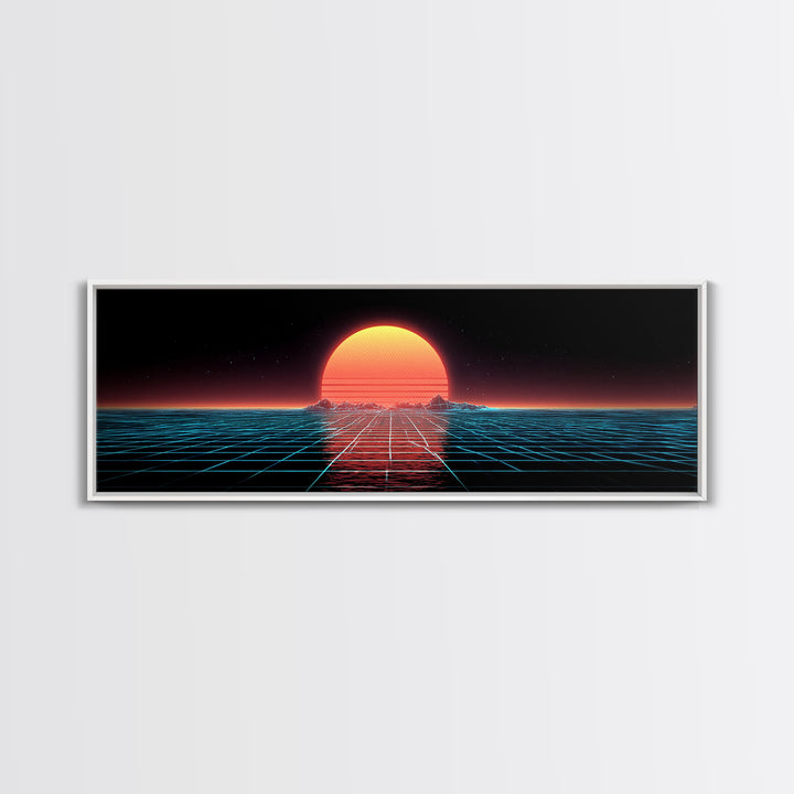 Retro Futuristic Ocean Grid Sunset Wall Art, Synthwave Neon Landscape, Vaporwave Decor, Large Horizontal Art Print, Home Decor