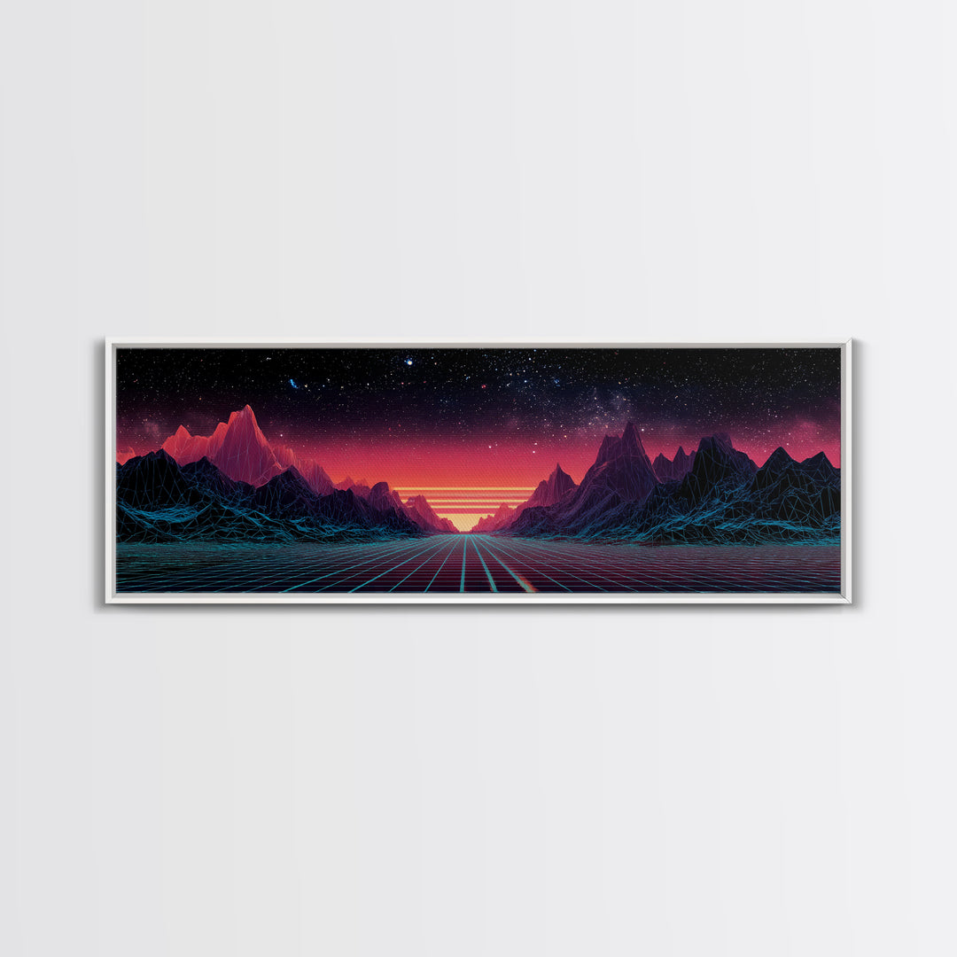 Synthwave Mountain Road Under Starry Sky, Retro Futuristic Wall Art, Landscape Canvas Print, Man Cave Decor, Large Wall Art