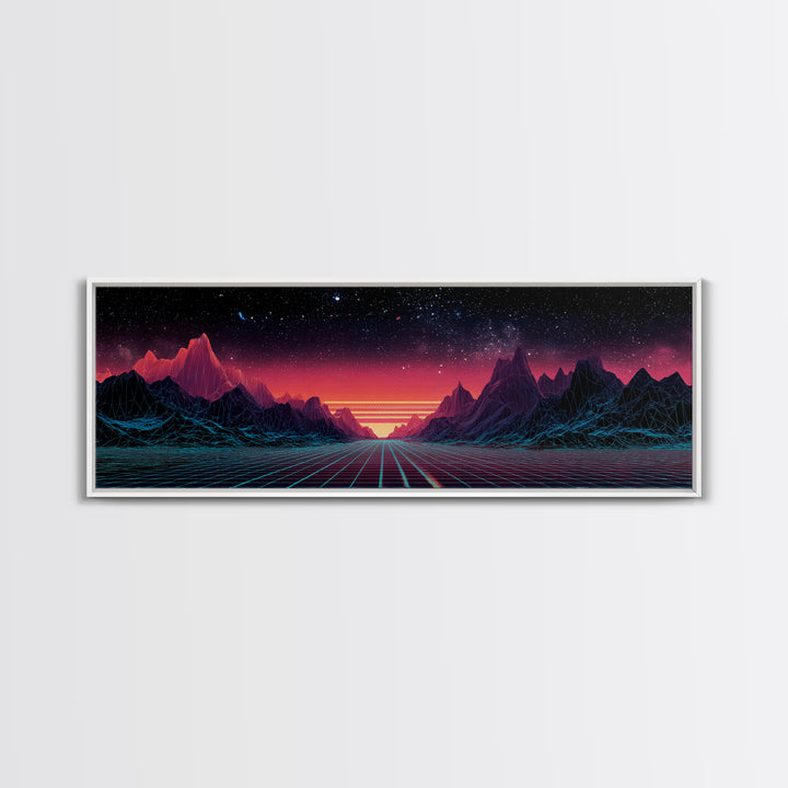Synthwave Mountain Road Under Starry Sky, Retro Futuristic Wall Art, Landscape Canvas Print, Man Cave Decor, Large Wall Art