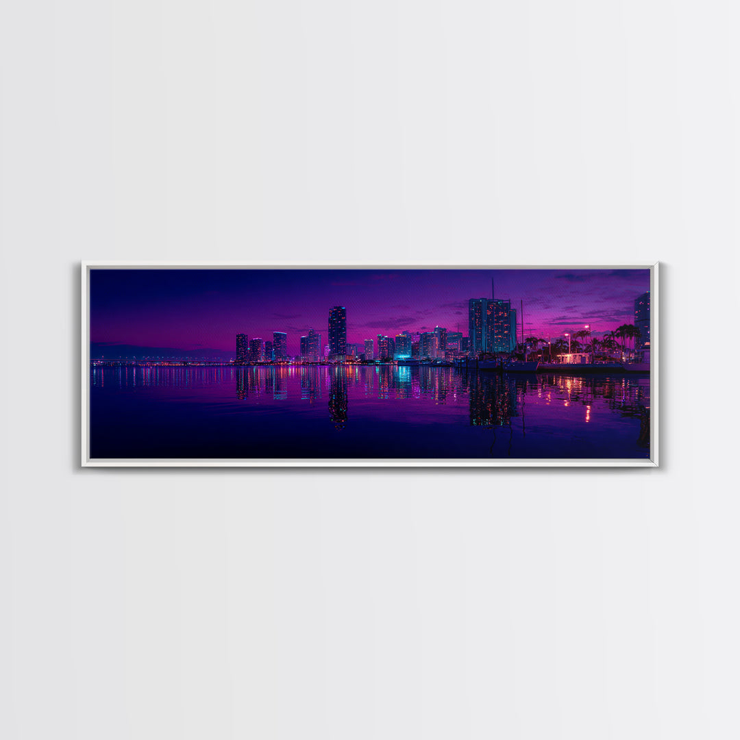 Neon Waterfront City Skyline Wall Art, Miami Night Canvas Print, Urban Photography Decor, Modern Office Living Room Poster
