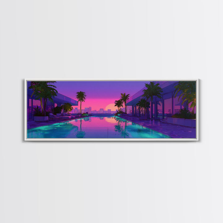 Neon Poolside City Sunset Framed Canvas Print, Miami Palm Skyline Wall Decor, Cyberpunk Art, Modern Living Room Decor, Large Wall Art
