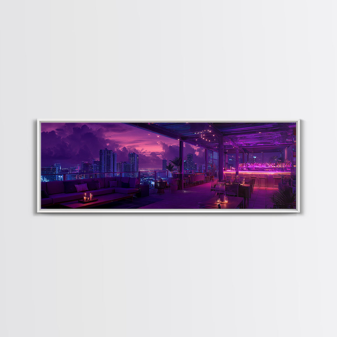 Neon Rooftop Lounge Skyline At Dusk Wall Art, Cyberpunk Cityscape, Futuristic Bar Decor, Panoramic Living Room Print Home Decor