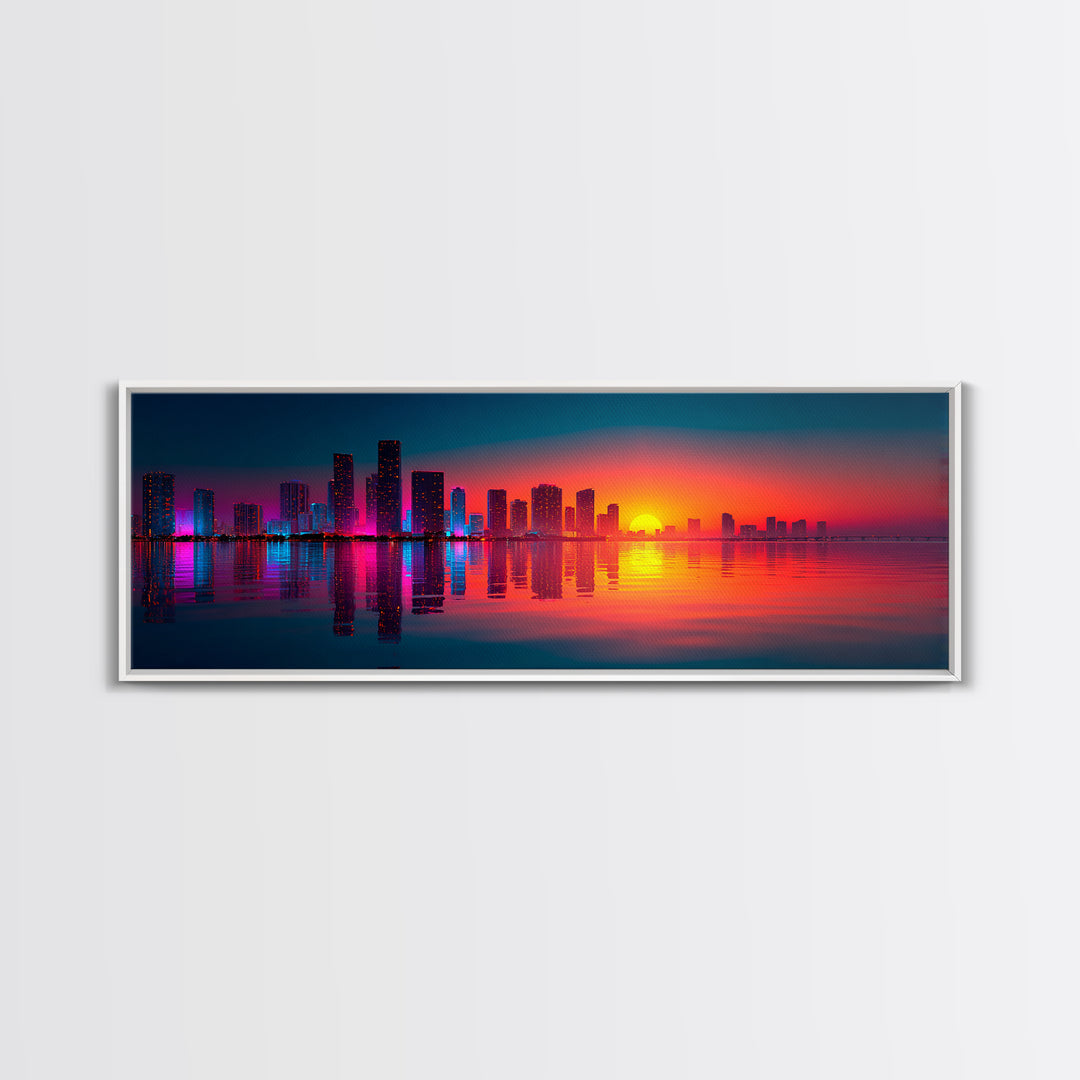 Neon City Skyline Sunset Wall Art, Modern Urban Landscape With Water Reflections, Colorful Office Decor, Large Canvas Print