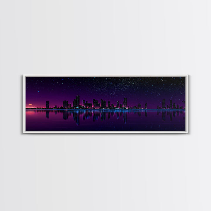 Purple Starry City Skyline Reflection, Modern Wall Art, Cyberpunk Canvas Print, Urban Night Decor, Office Wall Decor, Living Room Art