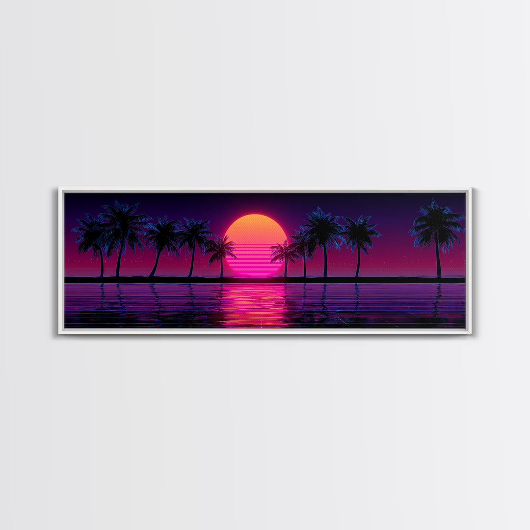 Neon Palm Tree Sunset Canvas Print, Tropical Beach Wall Art, Retro Coastal Decor, Pink Purple Living Room Art, Home Decor