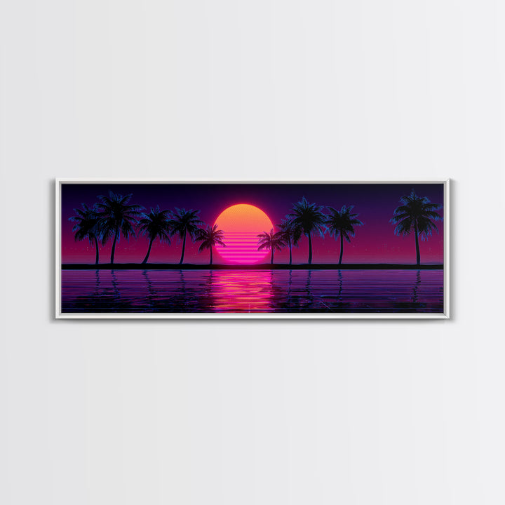 Neon Palm Tree Sunset Canvas Print, Tropical Beach Wall Art, Retro Coastal Decor, Pink Purple Living Room Art, Home Decor