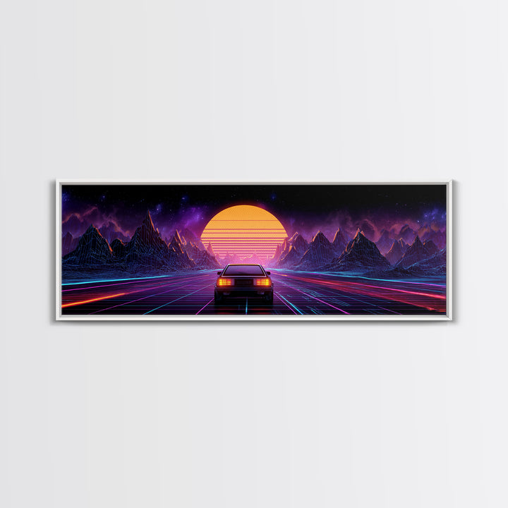 Neon Synthwave Car Wall Art, Retro Futuristic Mountains, Cyberpunk Sunset Decor, Gaming Room Poster, Panoramic Canvas Print