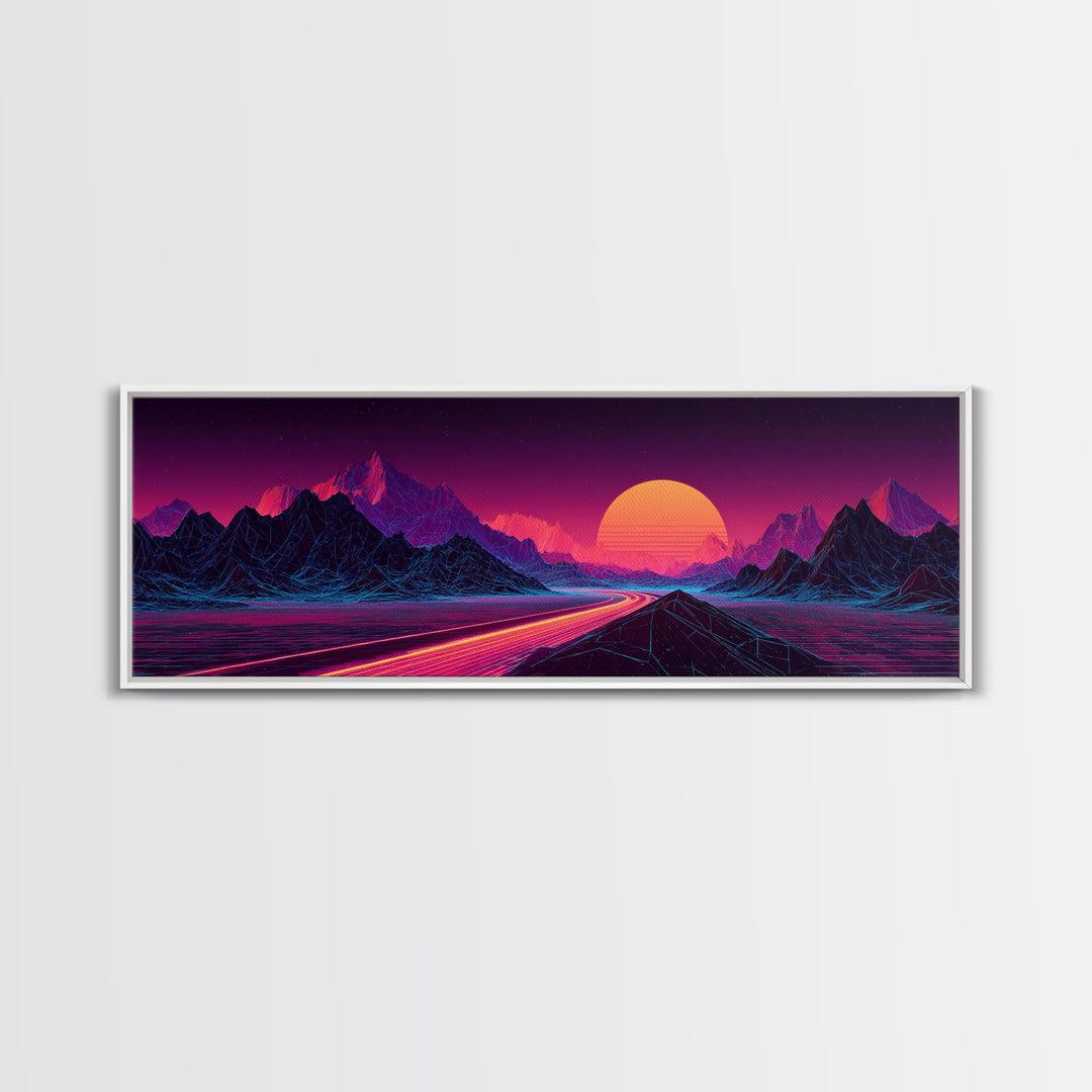 Neon Highway Through Purple Mountains Framed Canvas Print, Synthwave Wall Art, Retro Futuristic Decor, Gaming Room Poster
