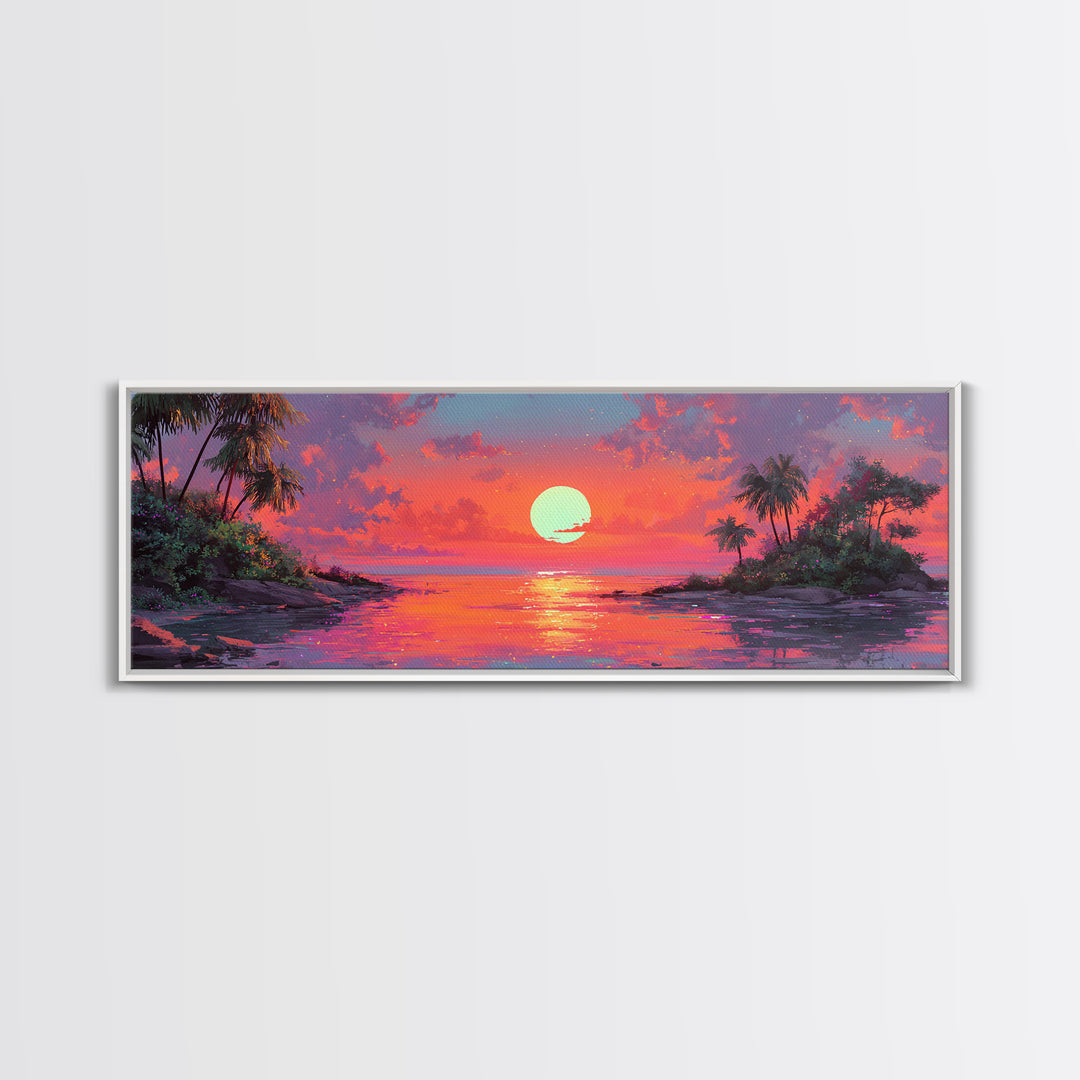 Tropical Island Sunset Cove Wall Art, Extra Wide Canvas Print, Coastal Beach House Decor, Vibrant Ocean Living Room Wall Decor