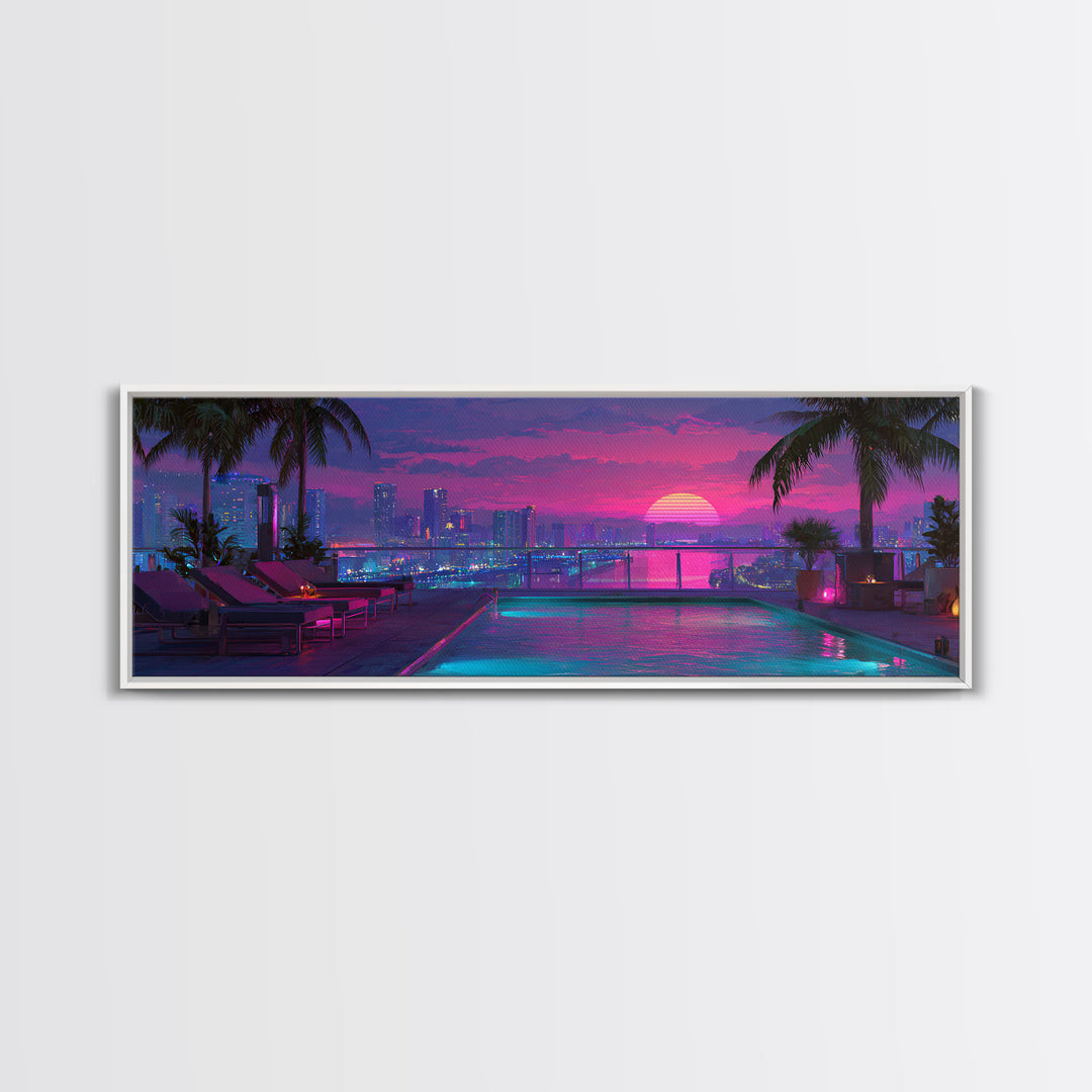 Neon Rooftop Pool At Sunset Framed Canvas Print, Cyberpunk City Wall Art, Tropical Miami Decor, Vaporwave Living Room Art