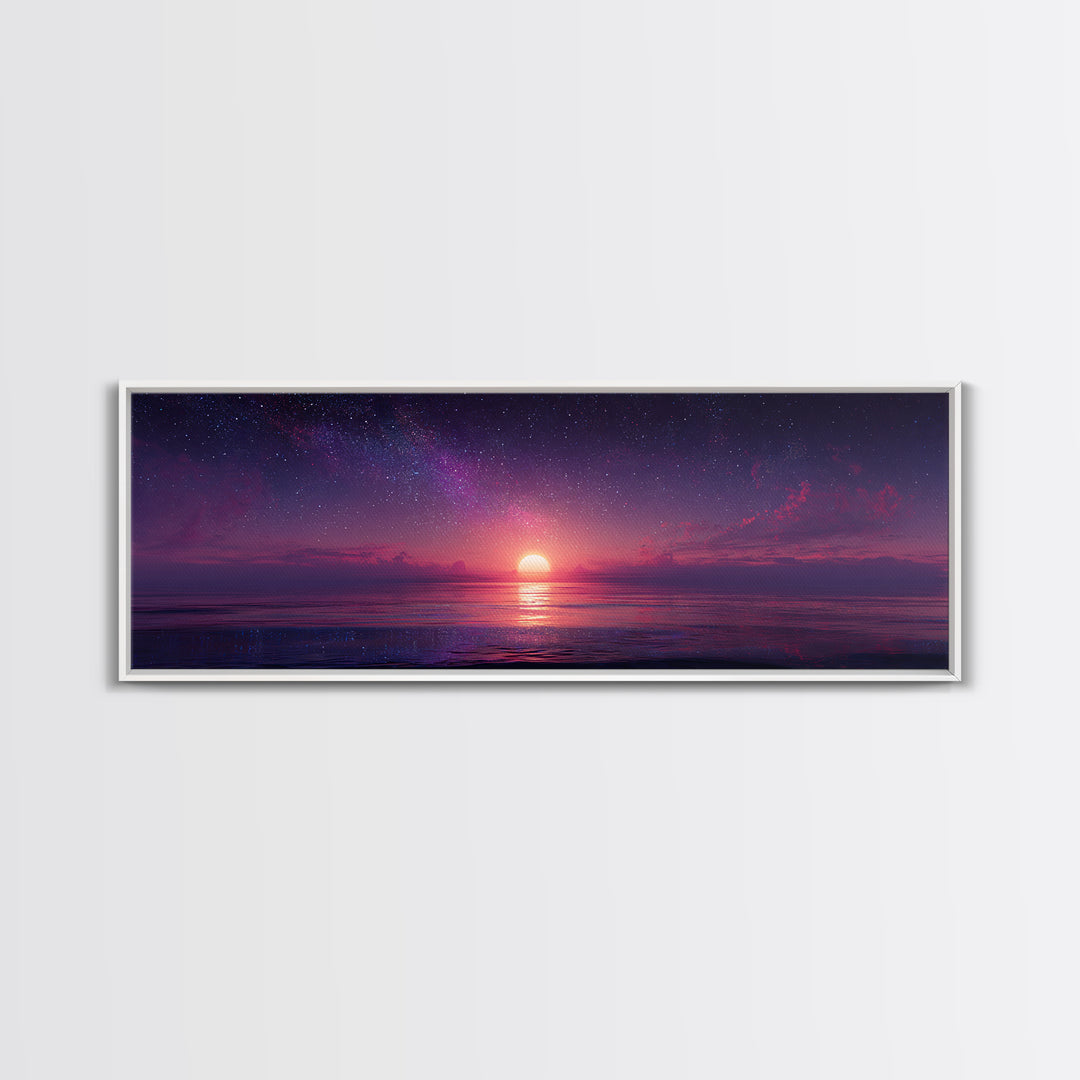 Starry Purple Ocean Sunset Wall Art, Celestial Seascape Canvas Print, Coastal Bedroom Decor, Romantic Beach House Gift For Her