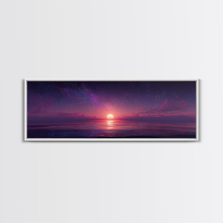 Starry Purple Ocean Sunset Wall Art, Celestial Seascape Canvas Print, Coastal Bedroom Decor, Romantic Beach House Gift For Her
