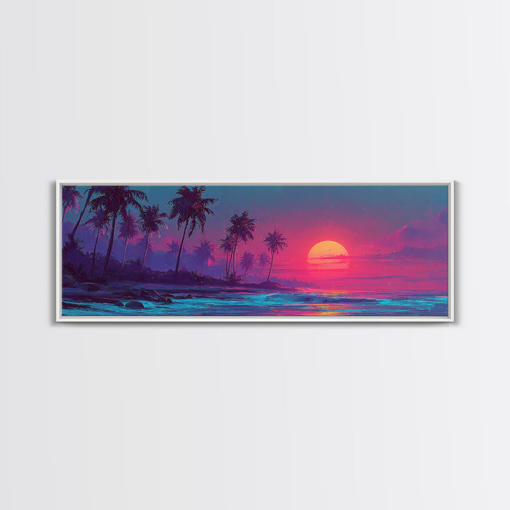Pink Tropical Palm Island Sunset Wall Art, Neon Ocean Waves, Coastal Beach House Decor, Large Horizontal Canvas Print Poster