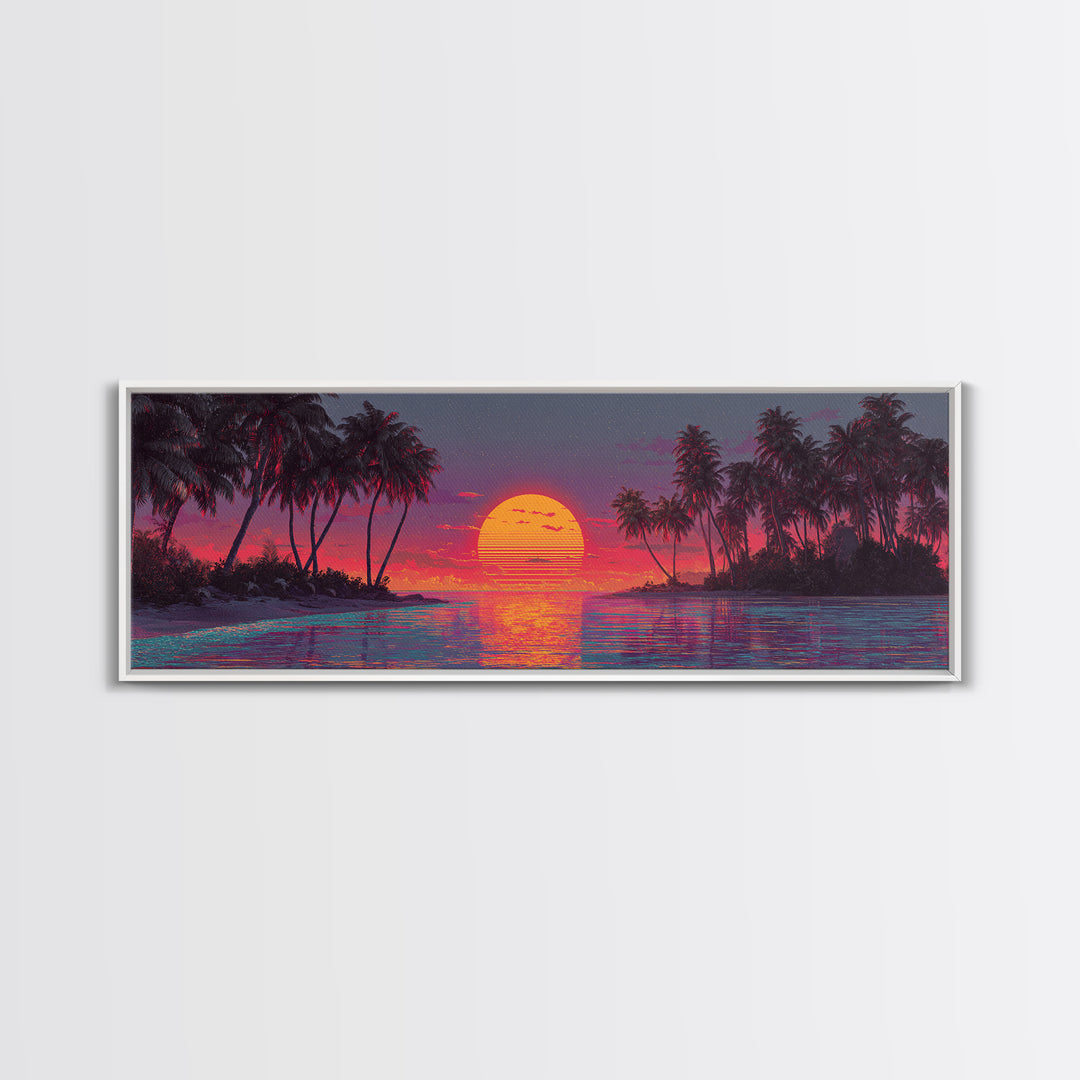 Starry Tropical Island Sunset Over Lagoon Framed Canvas Print, Coastal Wall Art, Beach House Decor, Vibrant Ocean Poster