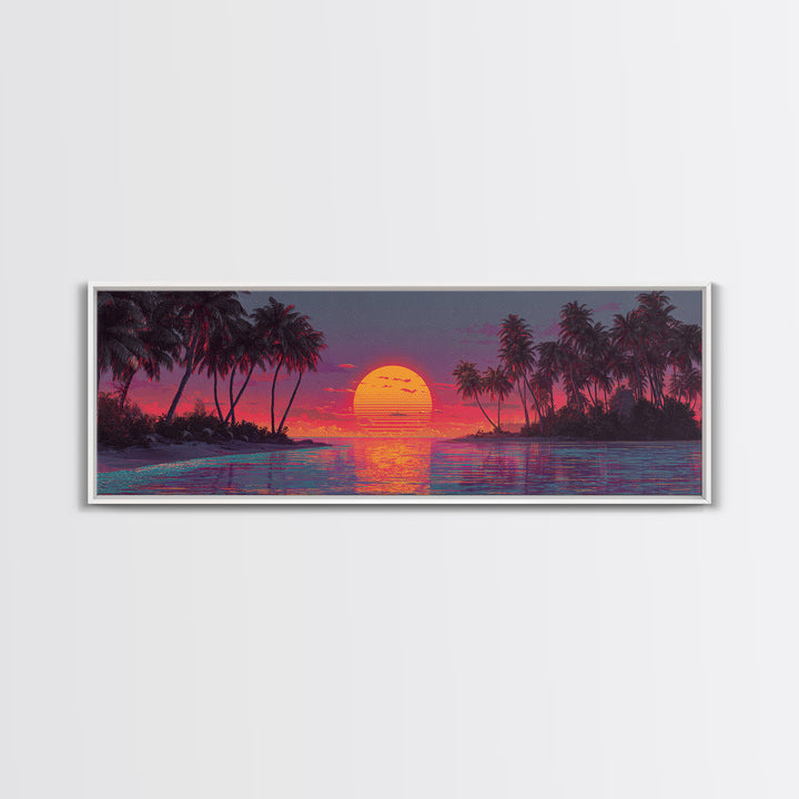 Starry Tropical Island Sunset Over Lagoon Framed Canvas Print, Coastal Wall Art, Beach House Decor, Vibrant Ocean Poster