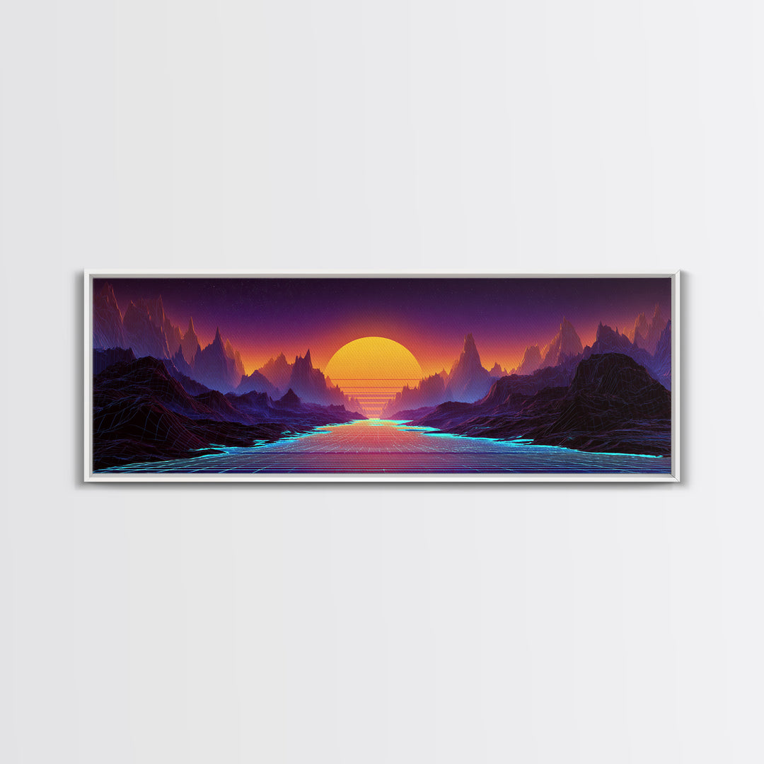 Neon Fantasy Mountain Valley Wall Art, Synthwave Landscape Canvas Print, Futuristic Decor, Gaming Room, Large Poster, Home Decor
