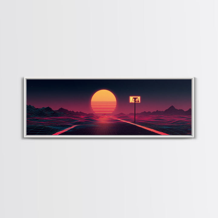 Lonely Neon Desert Highway With Retro Sun Canvas Print, Vaporwave Wall Art, Futuristic Decor, Gamer Room Poster Gift For Him